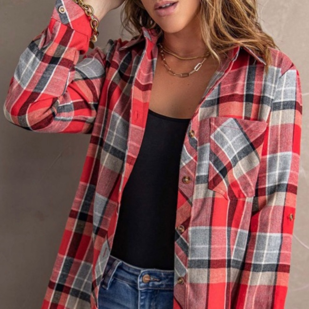 Red Plaid Button Blouse With Pocket